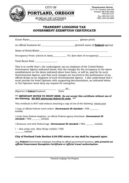 Transient Lodging Tax Government Exemption Certificate Form City Of
