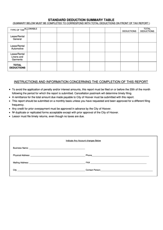 Standard Deduction Summary Table Form Printable pdf