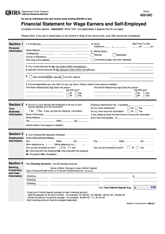 Form 433-Oic - Financial Statement For Wage Earners And Self-Employed Printable pdf