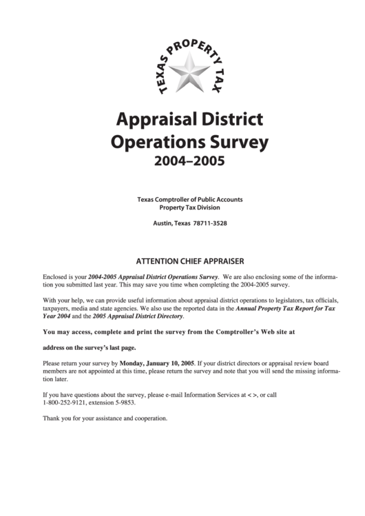 Fillable Appraisal District Operations Survey 2004-2005 Template - Property Tax Division - Texas Printable pdf