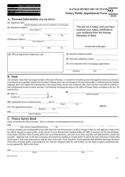 Fillable Form 62-01 - Notary Public Appointment Printable pdf