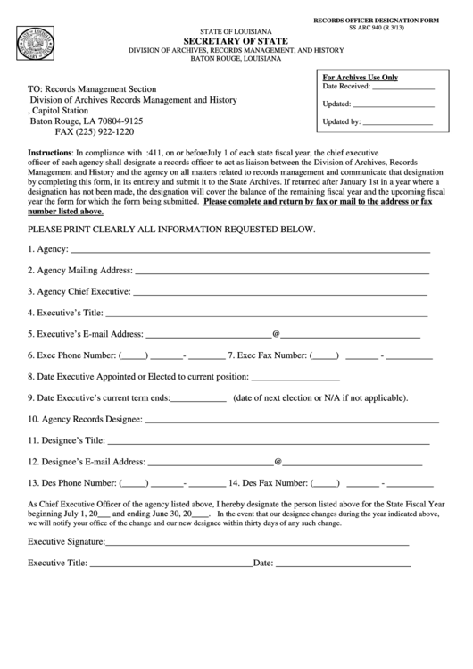 Form Ss Arc 940 - Records Officer Designation Printable pdf
