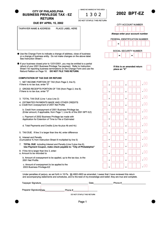 Form Bpt-Ez - Business Privilege Tax - 2002 Printable pdf