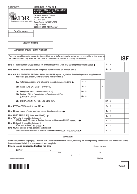 Form R-5197 - Quarterly Report Of Inspection And Supervision Fee Printable pdf