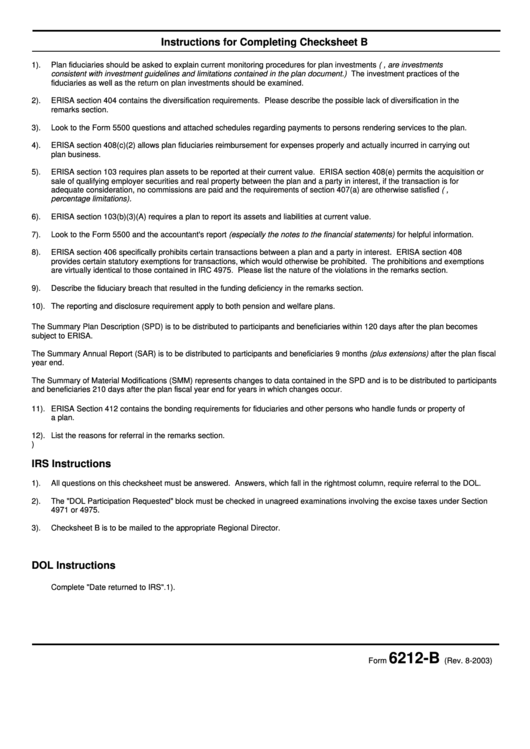 Form 6212-B - 2003 - Instructions For Completing Checksheet B - Employee Retirement Income Security Printable pdf