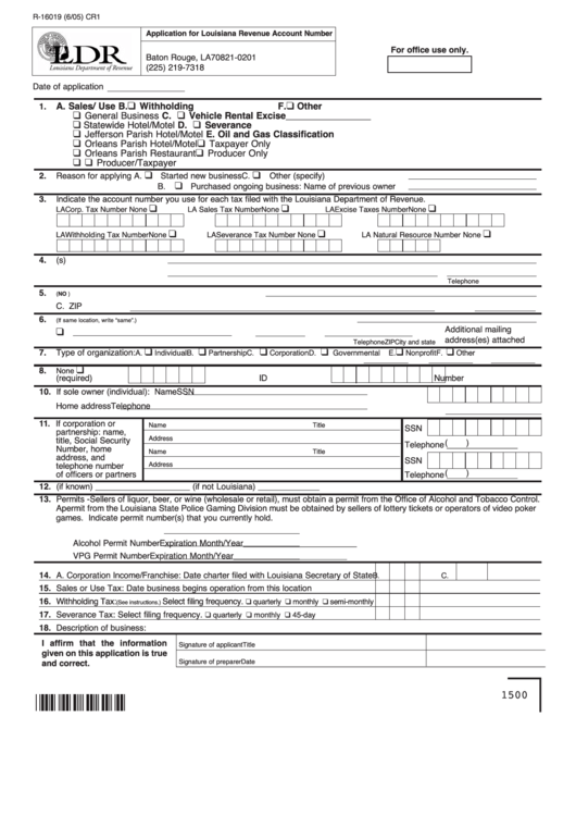Fillable Form R-16019 - Application For Louisiana Revenue Account Number Printable pdf