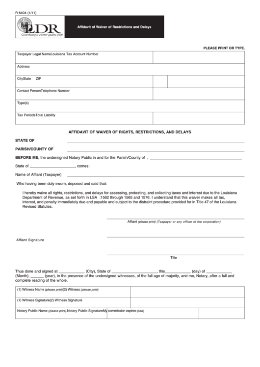 Fillable Form R-6404 - Affidavit Of Waiver Of Restrictions And Delays Printable pdf