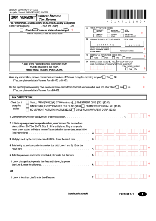 Form Bi-471 - Business Income Tax Return - 2001 Printable pdf