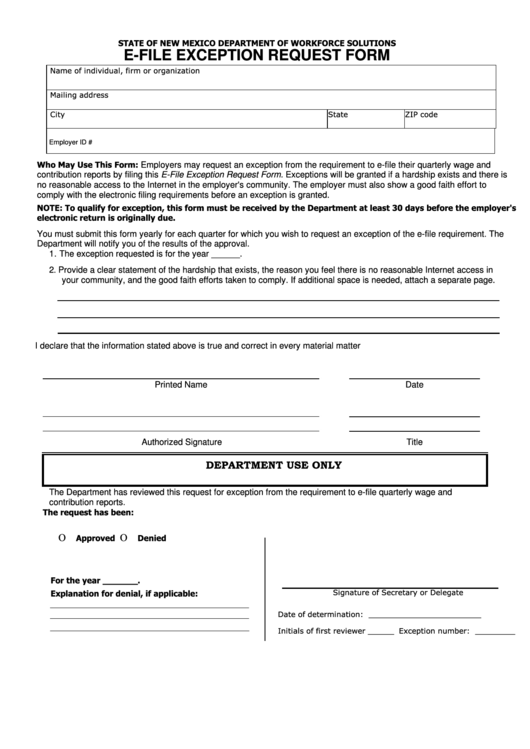 E-File Exception Request Form-New Mexico Department Of Workforce Solutions Printable pdf