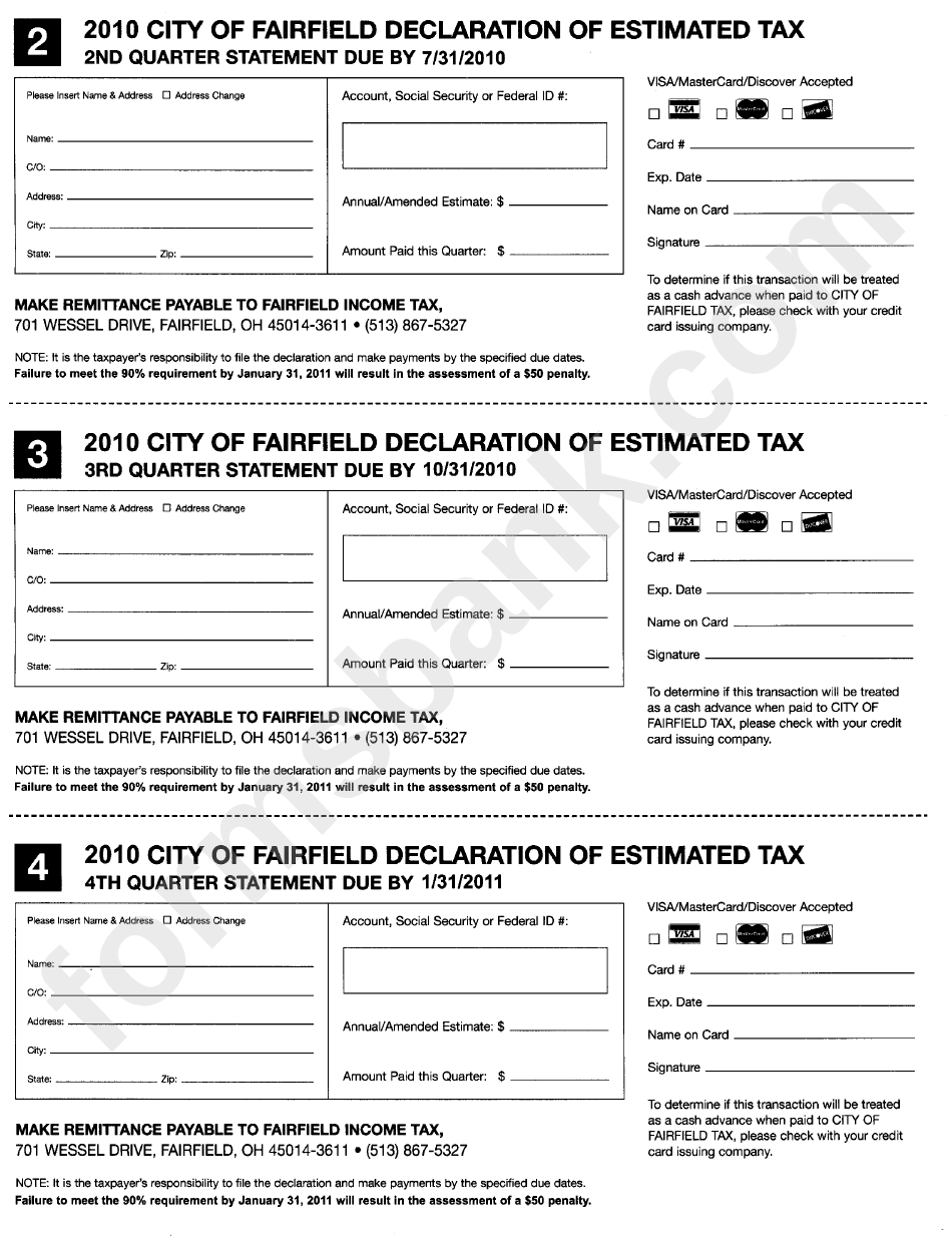 City Of Fairfield Declaration Of Estemated Tax - 2010