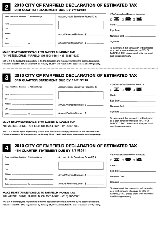 City Of Fairfield Declaration Of Estemated Tax - 2010 Printable pdf
