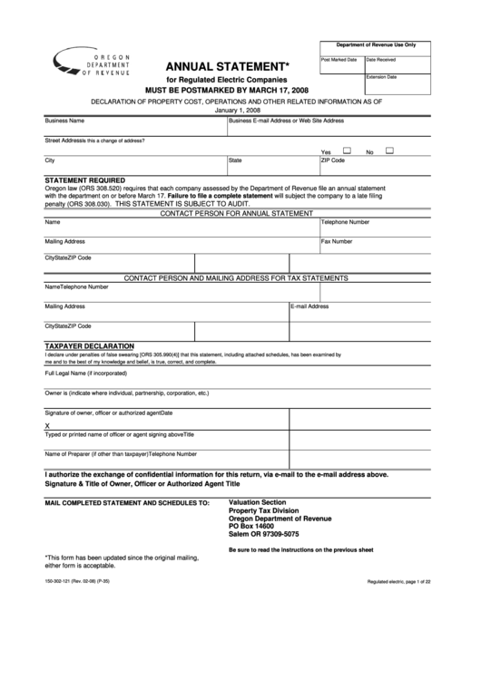 Form 150-302-121 - Annual Statement For Regulated Electric Companies Form - 2008 Printable pdf