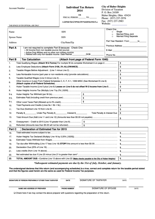 Individual Tax Return Form - City Of Huber Heights - 2014 Printable pdf