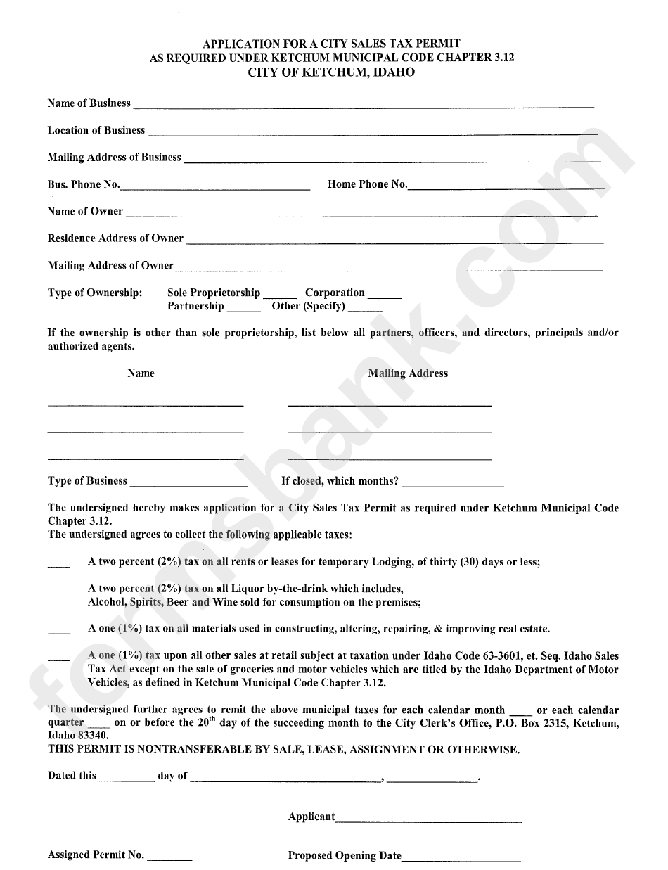 Application For A City Sales Permit As Required Under Ketchum Municipal Code Chapter 3.12 Form - City Of Ketchum