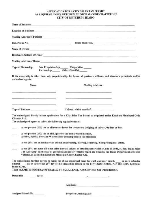 Application For A City Sales Permit As Required Under Ketchum Municipal Code Chapter 3.12 Form - City Of Ketchum Printable pdf