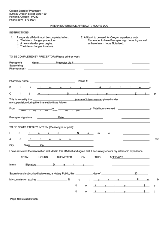 Intern Experience Affidavit Or Hours Log Printable pdf