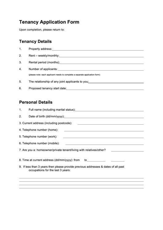 Fillable Tenancy Application Form Printable pdf
