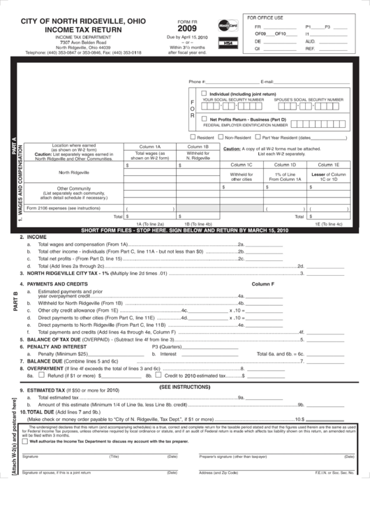 Income Tax Return - City Of North Ridgeville - 2009 Printable pdf