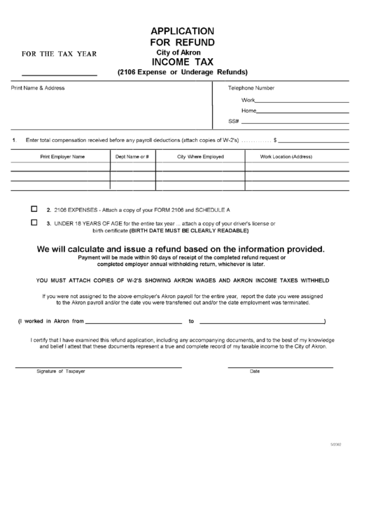 Application For Refund (Income Tax) Form - City Of Akron Printable pdf