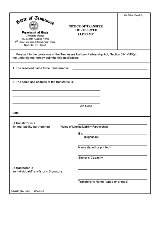 Form Ss-4495 - Notice Of Transfer Of Reserved Llp Name Form - Tennessee Department Of State Printable pdf