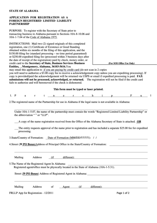 Fillable Application For Registration As A Foreign Registered Limited Liability Partnership Form - State Of Alabama Printable pdf