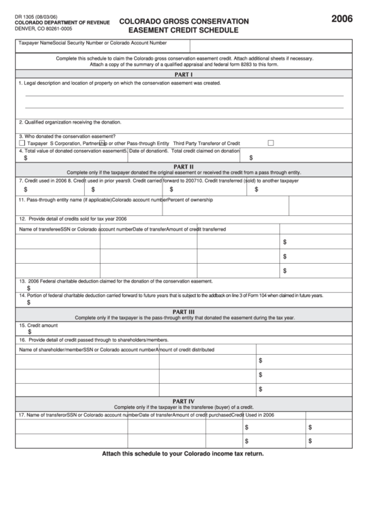 Fillable Form Dr 1305 - Colorado Gross Conservation Easement Credit Schedule - 2006 Printable pdf
