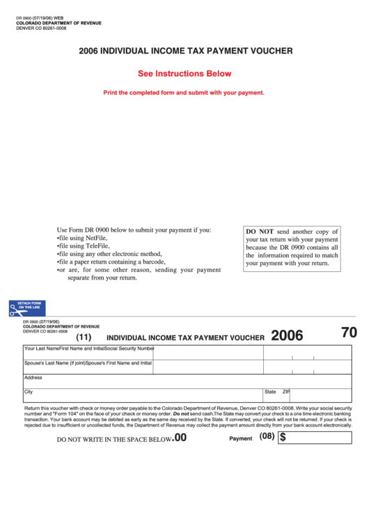 Fillable Form Dr 0900 - Individual Income Tax Payment Voucher - 2006 Printable pdf