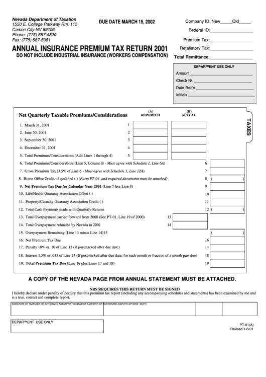 Form Pt-01(A) - Annual Insurance Premium Tax Return - 2001 Printable pdf