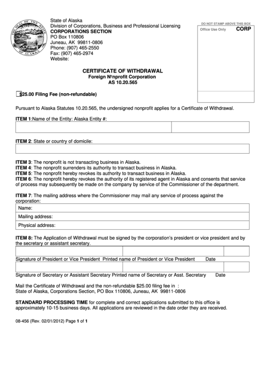Fillable Form 08-456 - Certificate Of Withdrawal Form - Division Of Corporations, Business And Professional Licensing Printable pdf