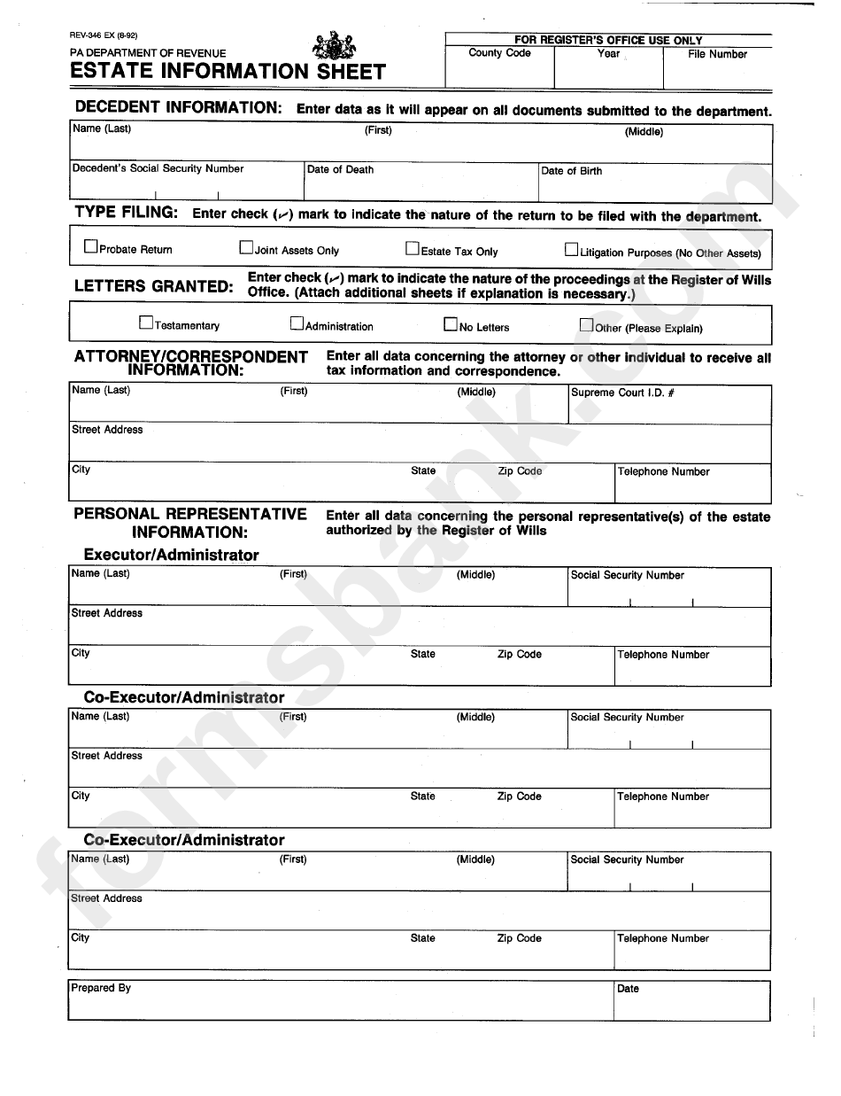 Form Rev-346 - Estate Information Sheet - Pa Department Of Revenue - Pennsylvania