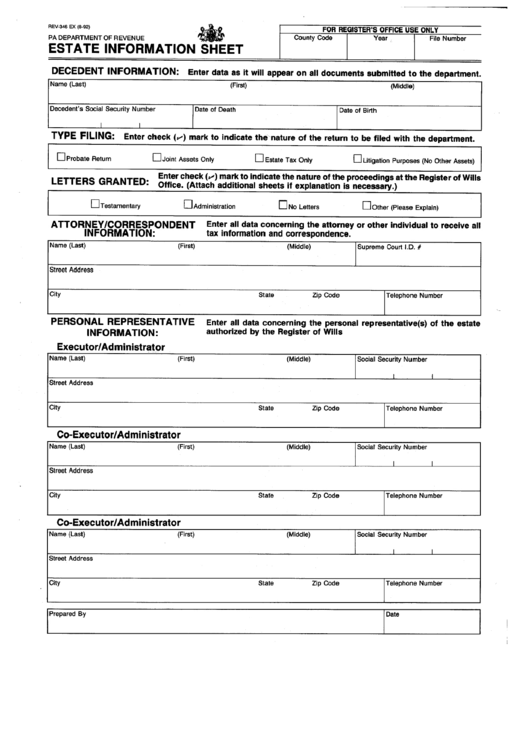 Form Rev-346 - Estate Information Sheet - Pa Department Of Revenue - Pennsylvania Printable pdf