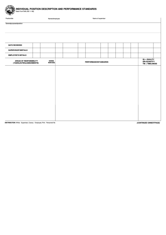 Fillable State Form 7345 - Individual Position Description And Performance Standards Printable pdf