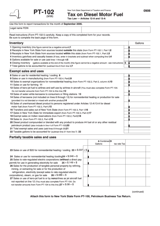 Form Pt-102 - Tax On Diesel Motor Fuel Printable pdf