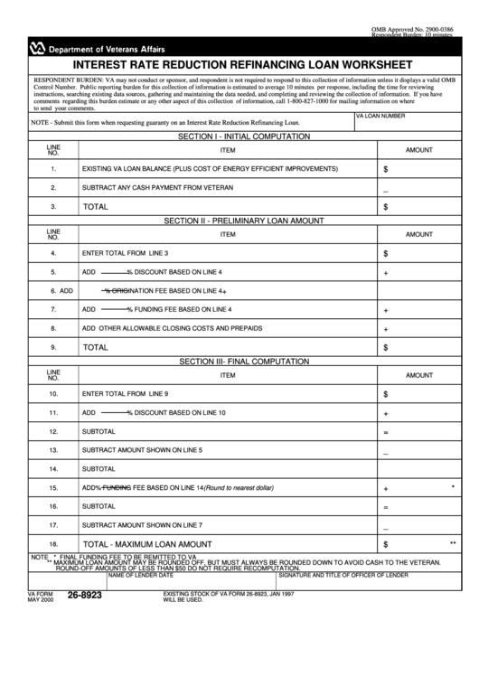 Va Form 26-8923 - Interest Rate Reduction Refinancing Loan Worksheet Printable pdf
