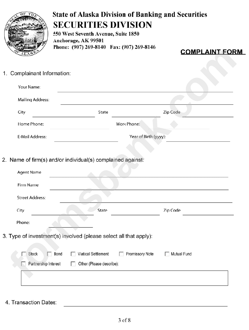 Complaint Form - State Of Alaska Division Of Banking And Securities