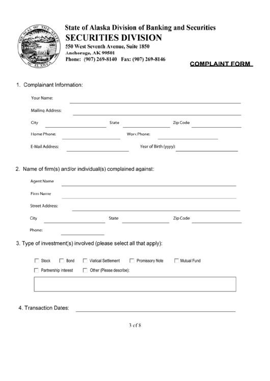 Complaint Form - State Of Alaska Division Of Banking And Securities Printable pdf