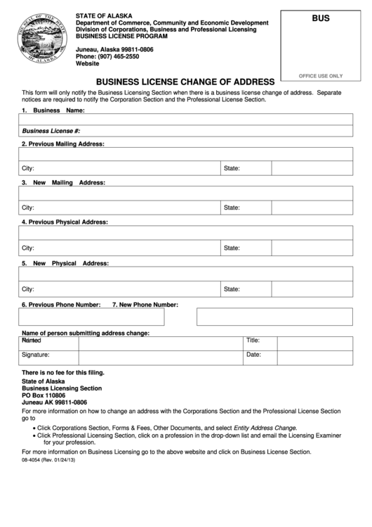Fillable Form 08-4054 - Business License Change Of Address - Department Of Commerce, Community And Economic Development Printable pdf