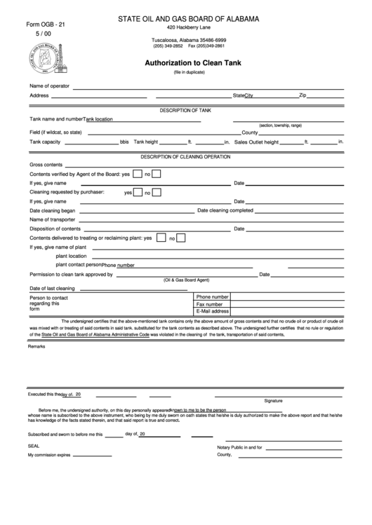 Form Ogb - 21 - Authorization To Clean Tank Printable pdf