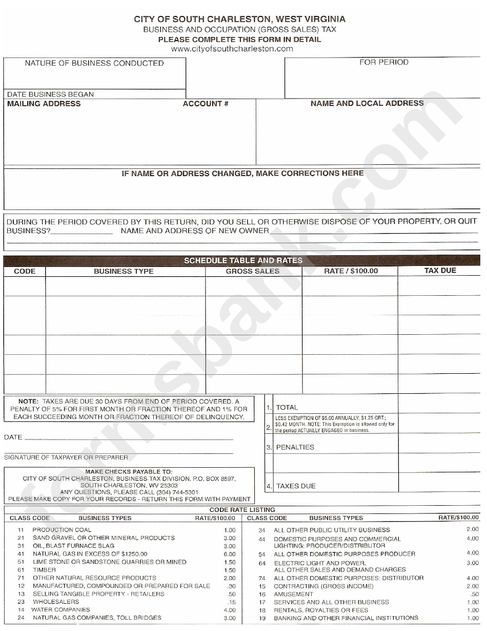 Business And Occupational (Gross Sales) Tax Form - South Charleston - West Virginia