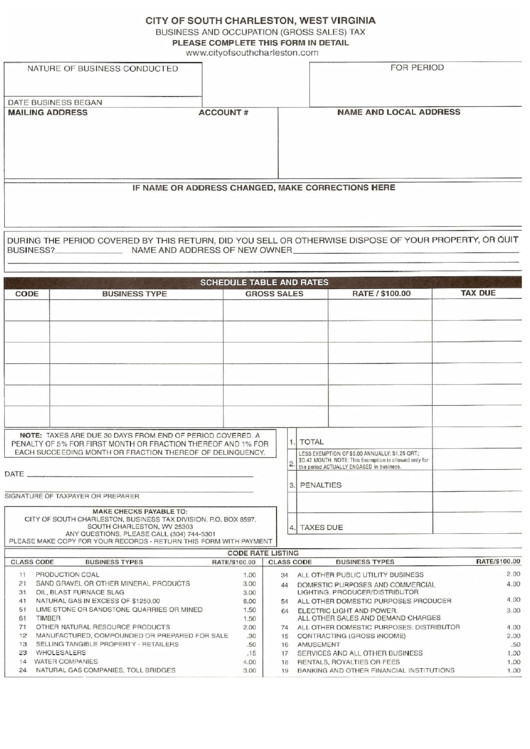Business And Occupational (Gross Sales) Tax Form - South Charleston - West Virginia Printable pdf