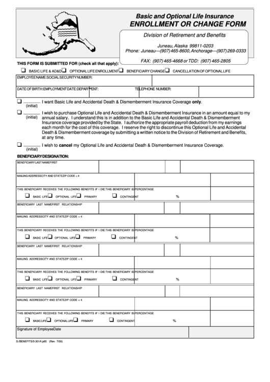 Form 5-301a - Enrollment Or Change Form Printable pdf