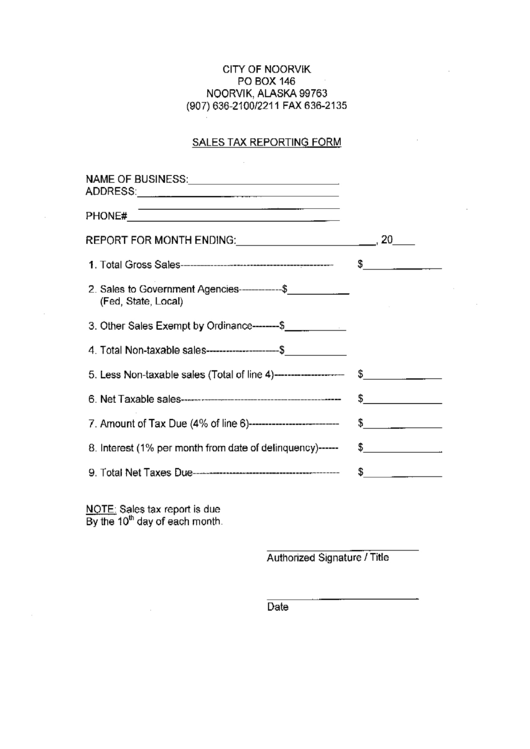 Sales Tax Reporting Form - City Of Noorvik - Alaska Printable pdf