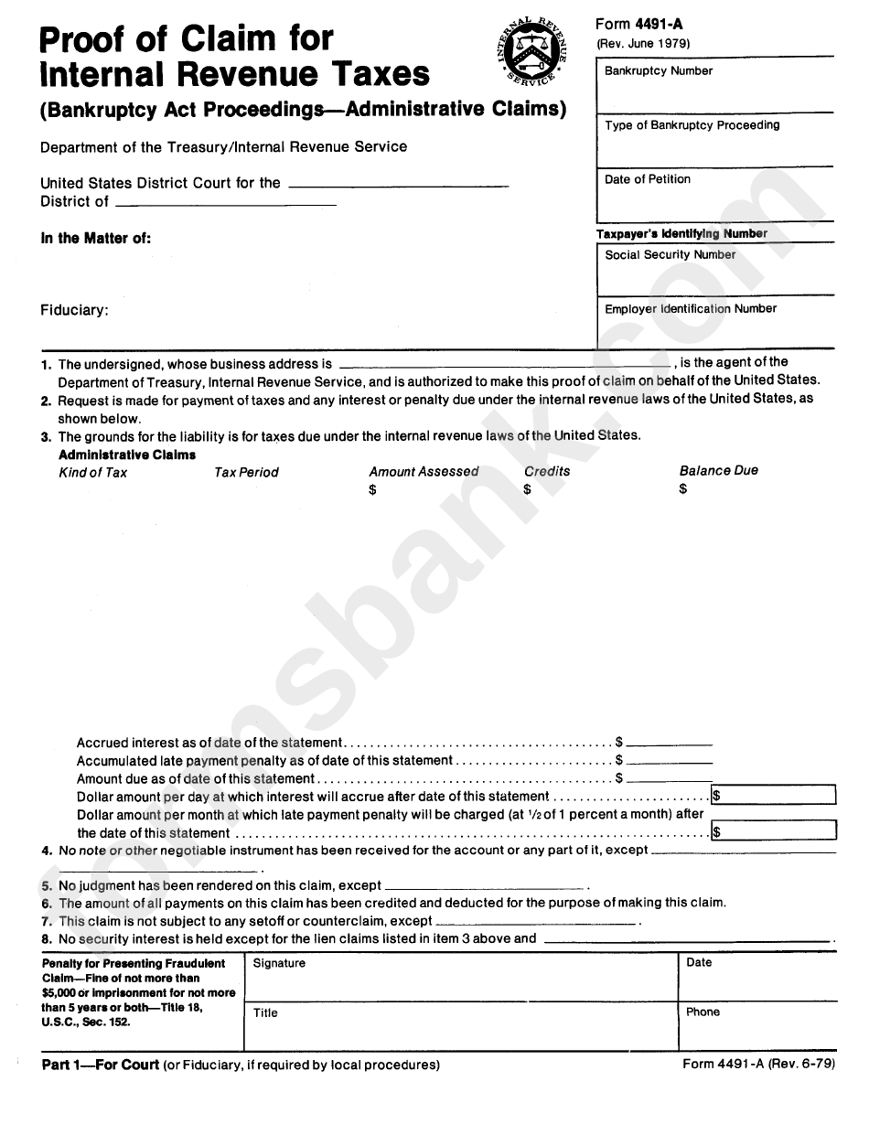 Form 4491-A - Proof Of Claim For Internal Revenue Taxes - Internal Revenue Service