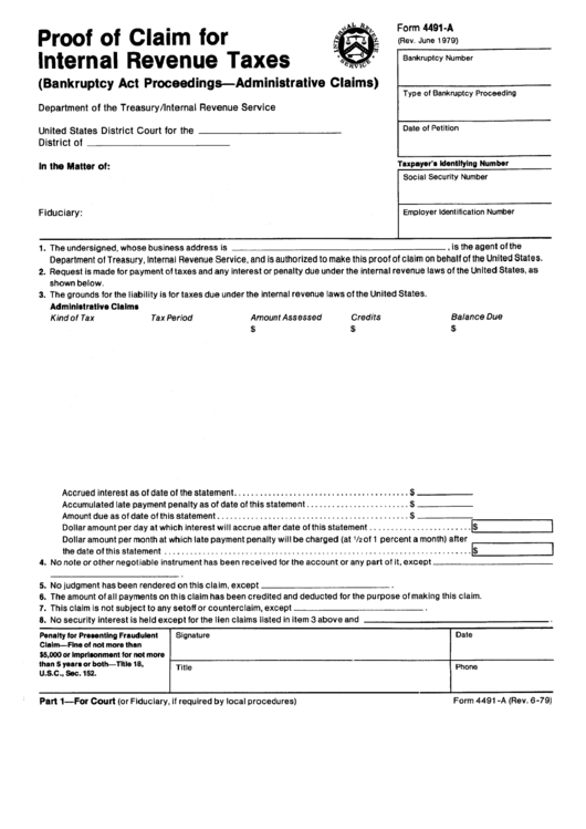 Form 4491-A - Proof Of Claim For Internal Revenue Taxes - Internal Revenue Service Printable pdf