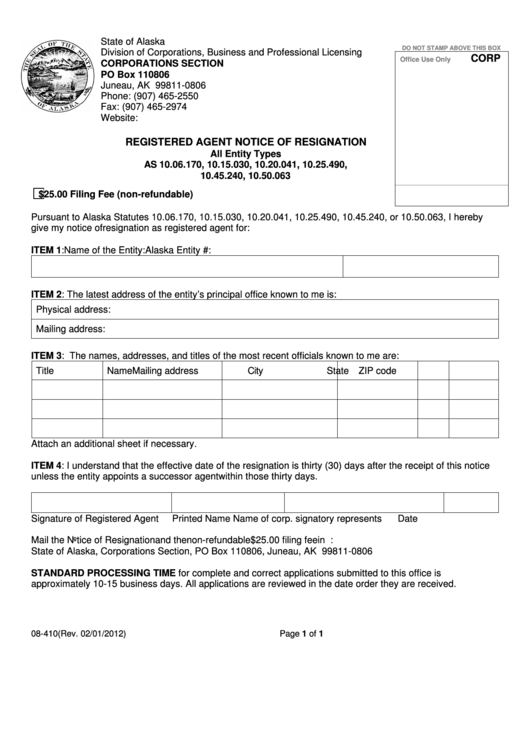 Fillable Form 08-410 - Registered Agent Notice Of Resignation Form - Division Of Corporations, Business And Professional Licensing Printable pdf