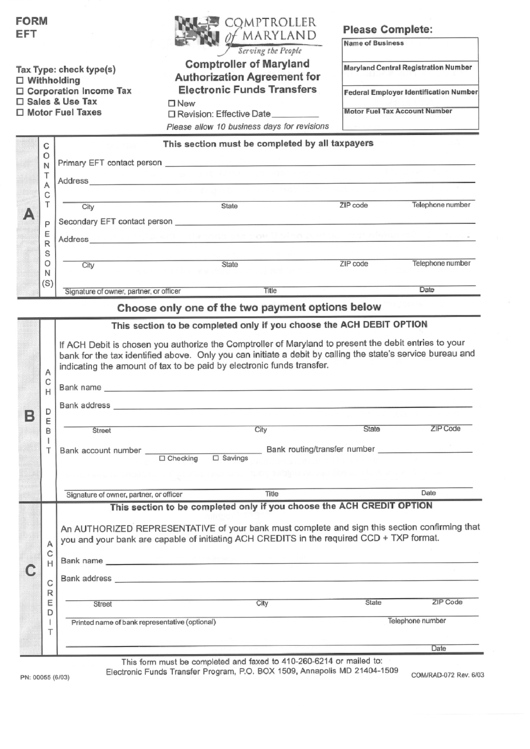 Form Eft- Comptroller Of Maryland Authorization Agreement For Electronic Funds Transfers Printable pdf