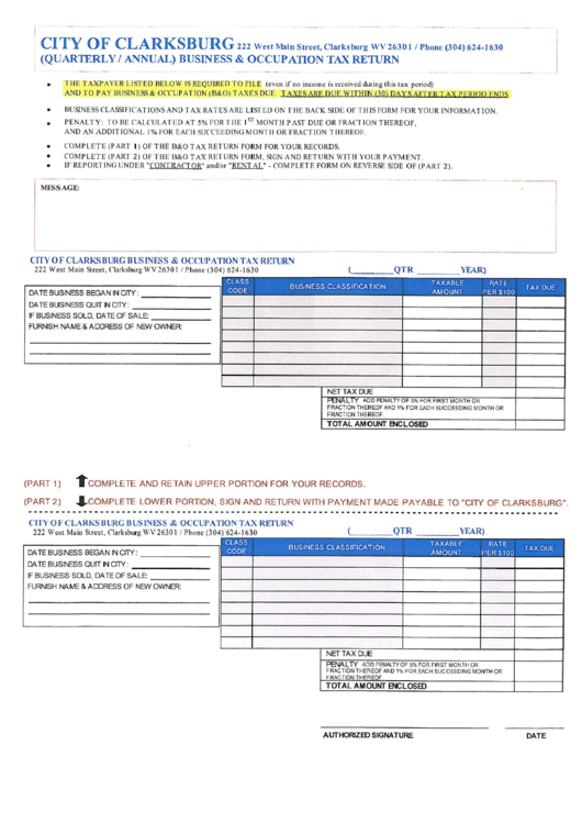 Business And Occupation Tax Return - City Of Clarksburg Printable pdf