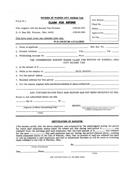 Form R-1 - Claim For Refund Printable pdf