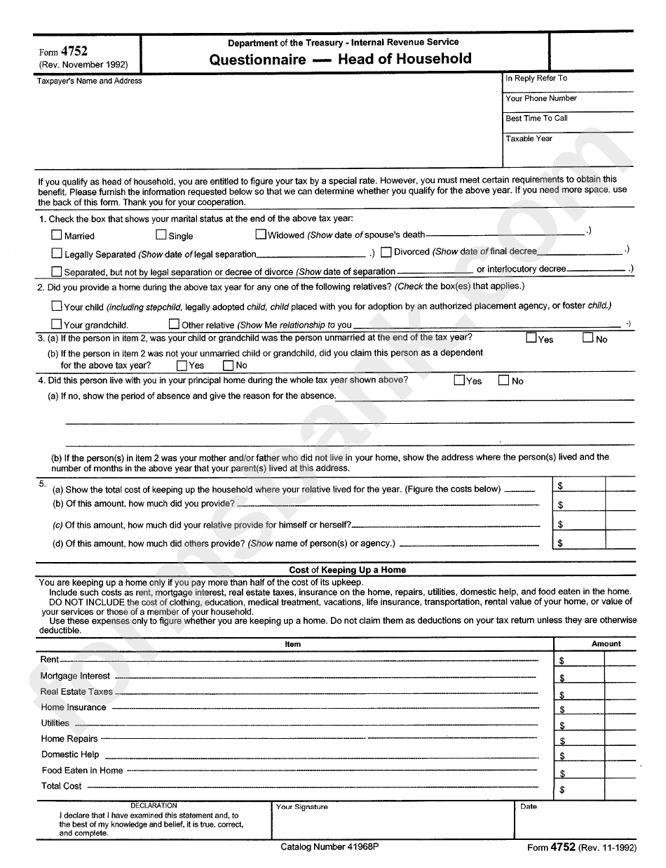 Form 4752 Questionnaire Head Of Household printable pdf download