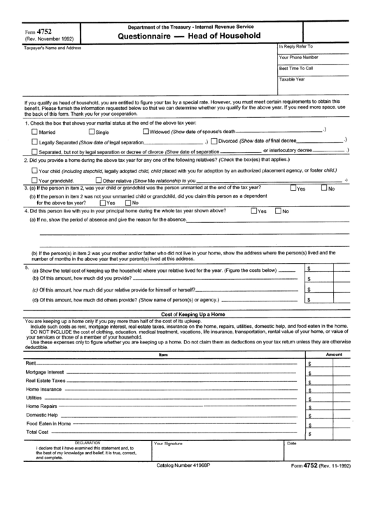 Form 4752 - Questionnaire - Head Of Household Printable pdf